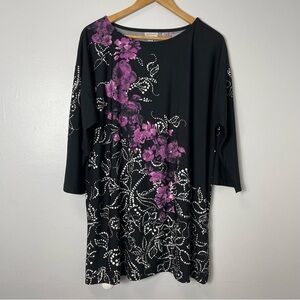 Avenue Black Floral Tunic 3/4 Sleeves Top NWT size 18/20